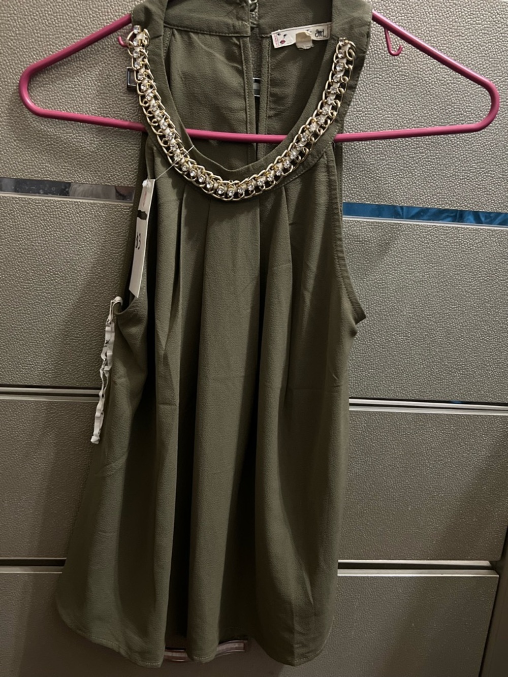 Sleeveless Olive Green Blouse with Chain Detail